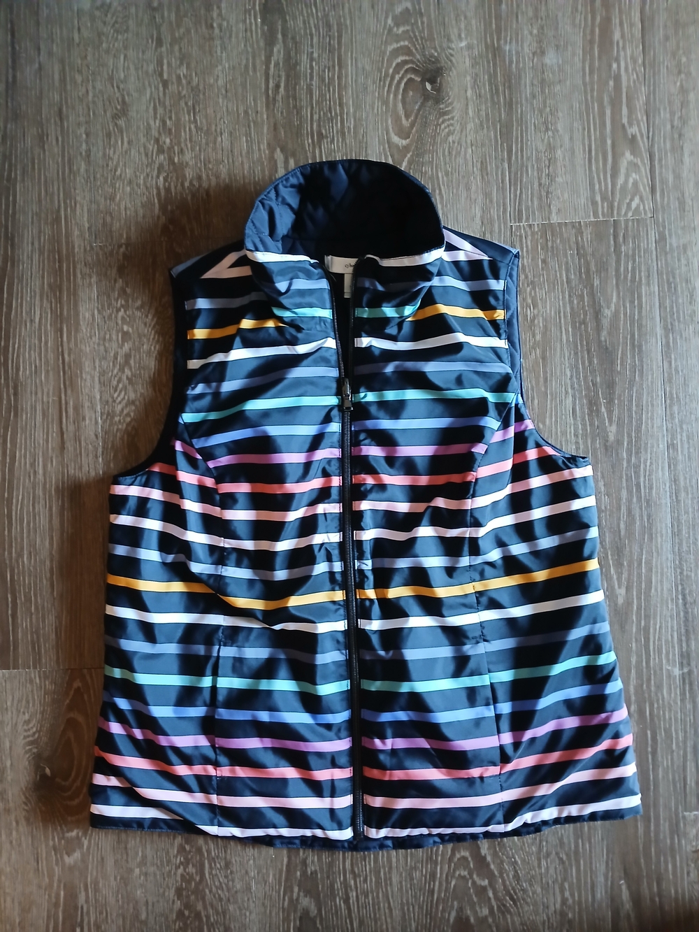 CJ Banks Reversible Navy Striped Puffer Vest with Multicolor Stripes Fall Winter